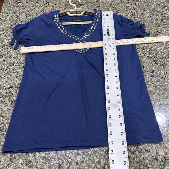 Goddess Embellished Top Women Size M Blue Studded V-Neck Tie Short Sleeve - Picture 3 of 6
